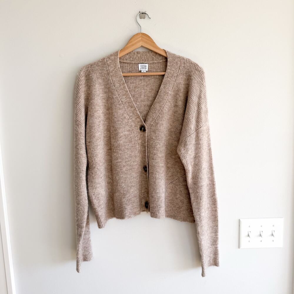 Peyton Jensen Ribbed Knit V-Neck Button Front Cardigan Brown M